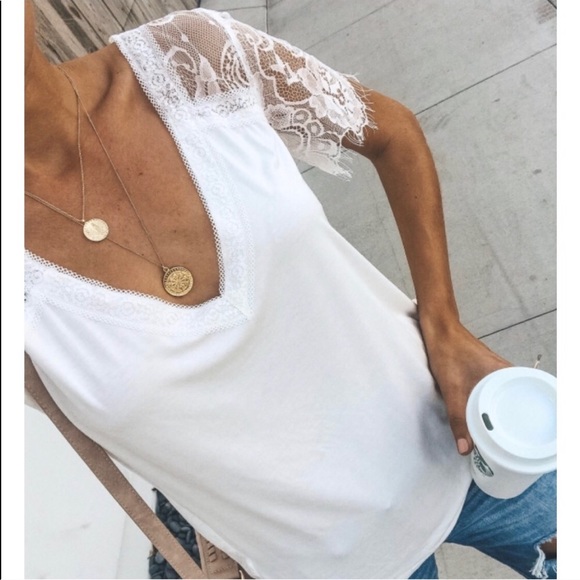 NWT Eyelash Lace Sleeves White V-neck Tee T-Shirt - Picture 3 of 8